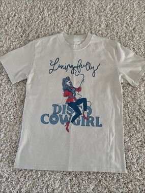 Living Fully Cream Disco Cowgirl' Graphic Tee with Navy & Red Print.